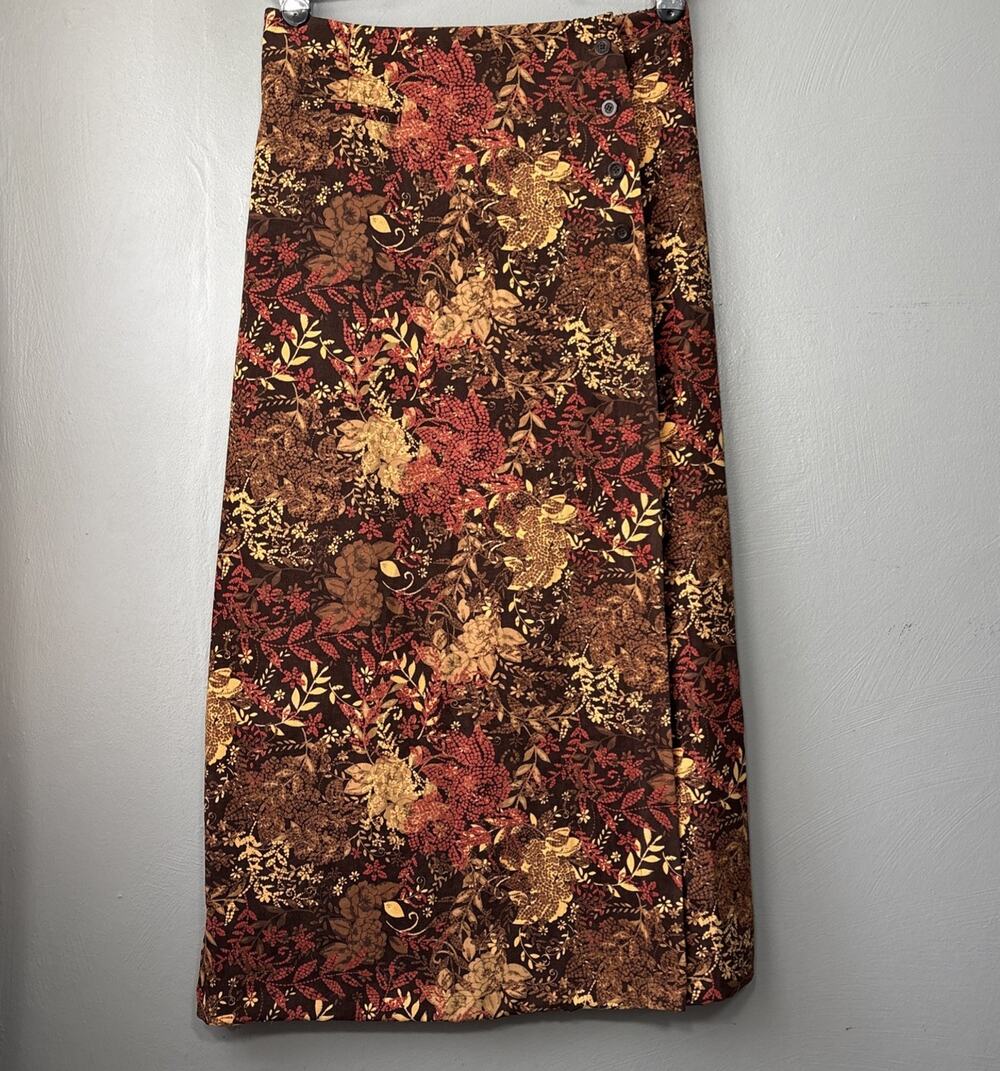 Faux Suede Wrap Skirt Size 8 Fall Autumn Floral Modest 70s Retro Country